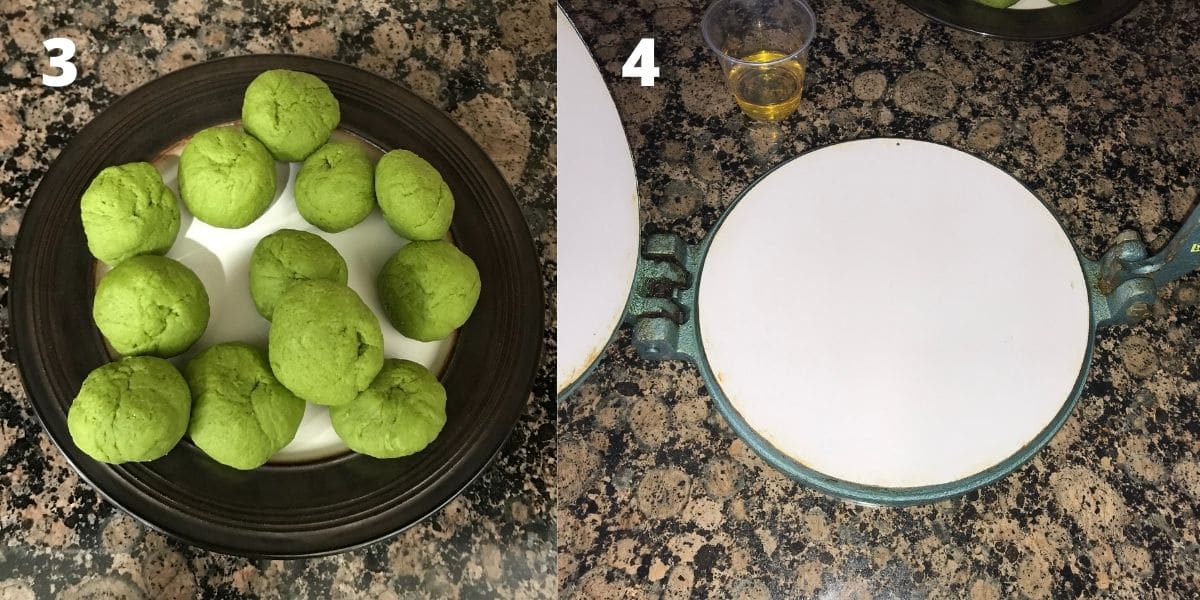 Palak puri dough balls are on the plate with puri press