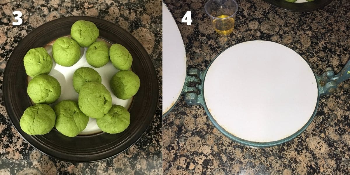 Palak puri dough balls are on the plate with puri press 