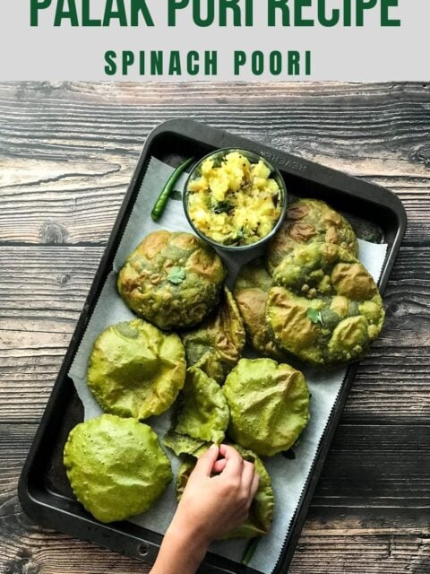 A tray is filled with spinach puri on the table