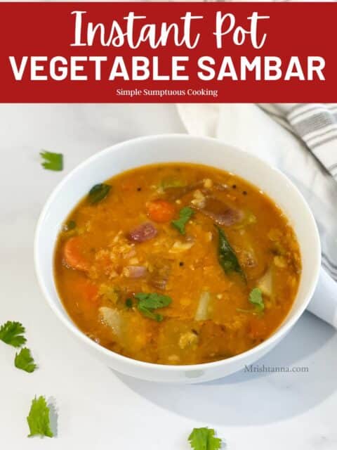 A bowl of vegetable sambar is on the table.