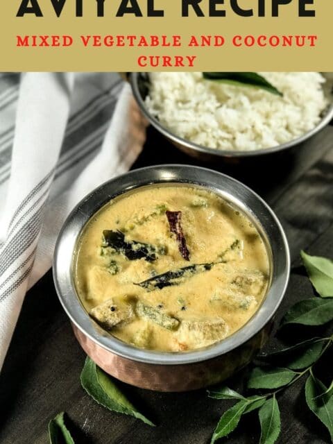 A bowl of coconut and vegetable curry is on the table, with aviyal