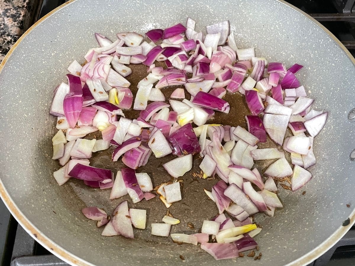  A pan is with oil and chopped onions over the heat