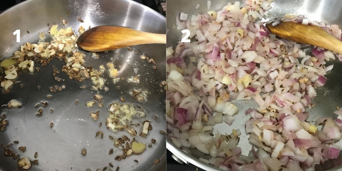 A pan is with oil, spices and chopped onions over the heat.