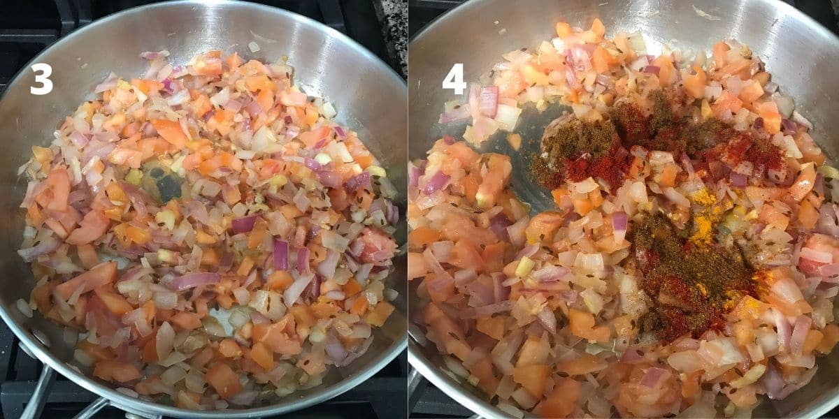A pan is with tomatoes, and spices over the heat