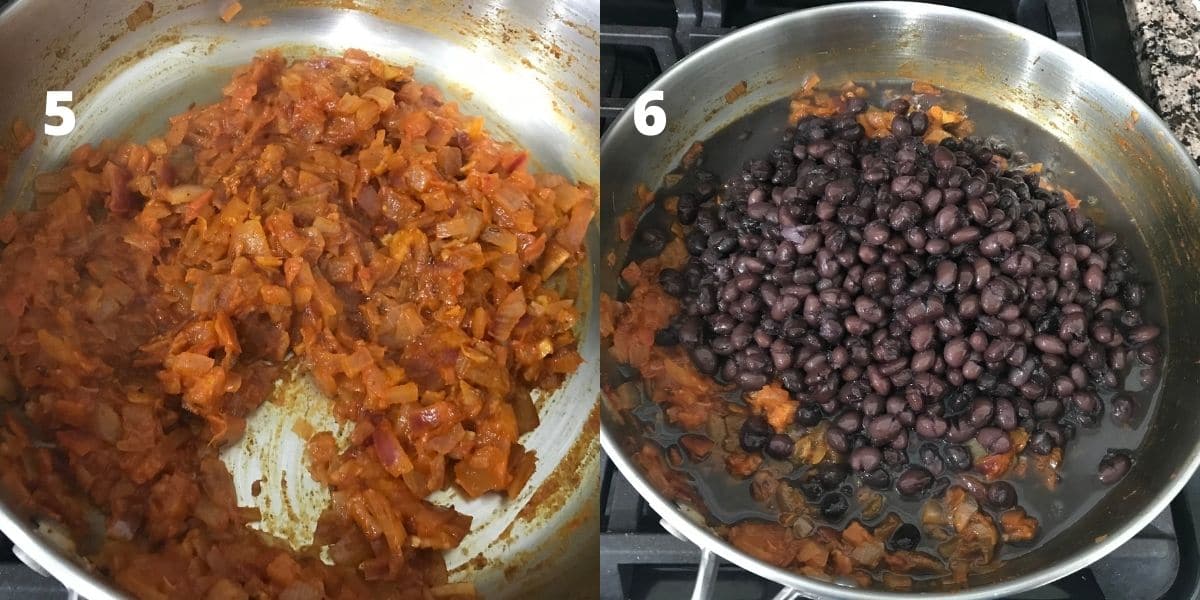 Pan is filled with spices and cooked black bean over the heat.
