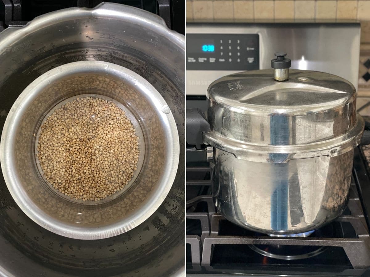 A pressure cooker is with sorghum millet over the heat