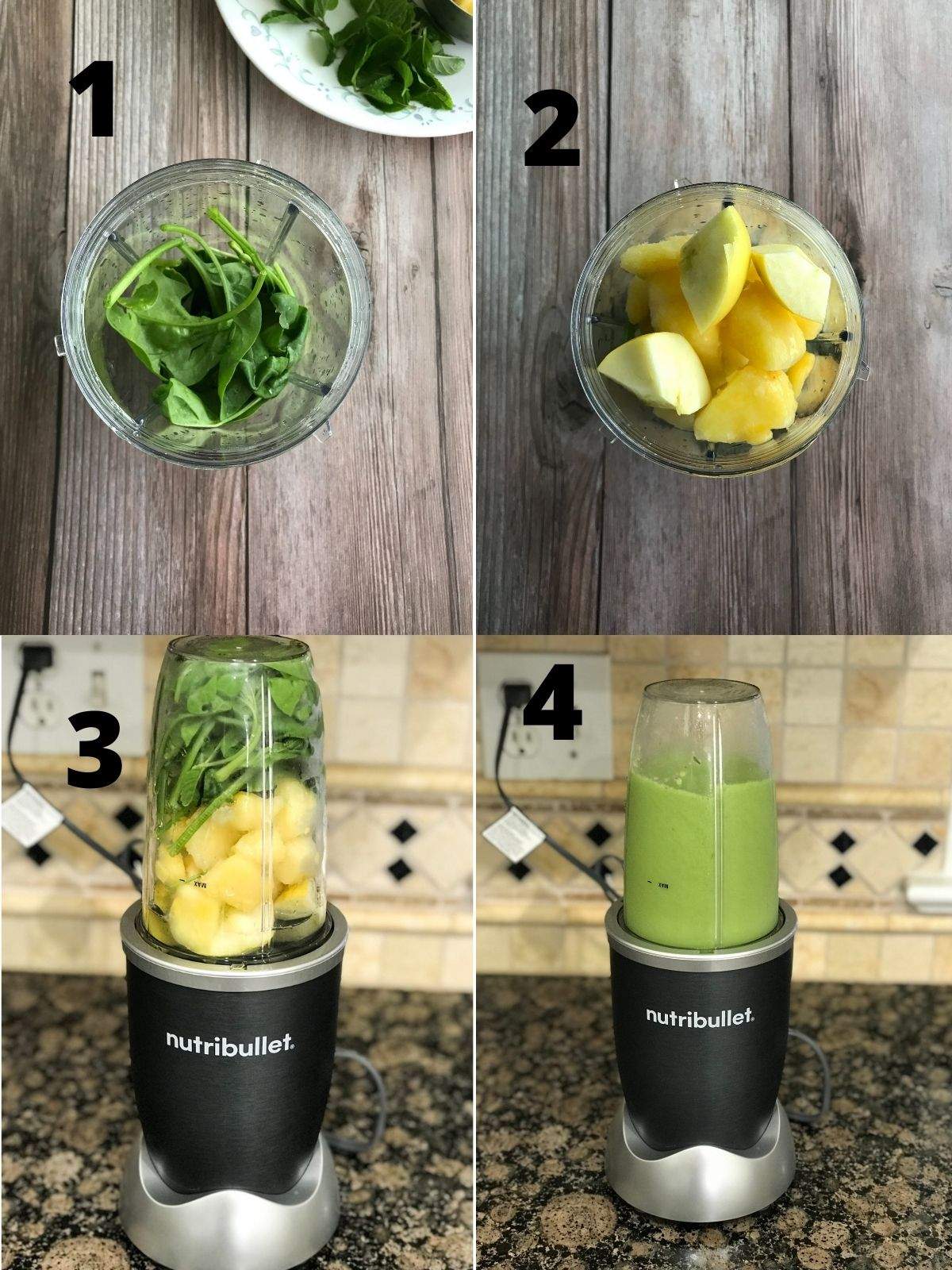 A blender is with spinach pineapple smoothie