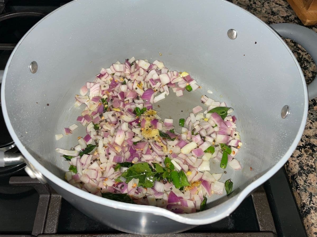 A non stick pot is with onions and spices over the heat.