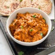 Close up of bowl with vegan butter chicken curry