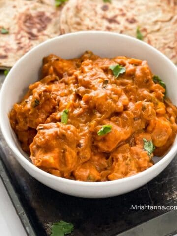 Close up of bowl with vegan butter chicken curry