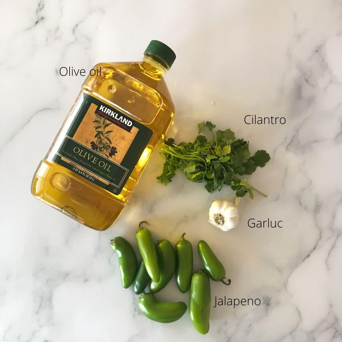 A counter is with cilantro. olive oil, and garlic