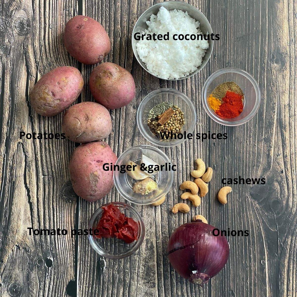 Potato kurma ingredients are on the table. 