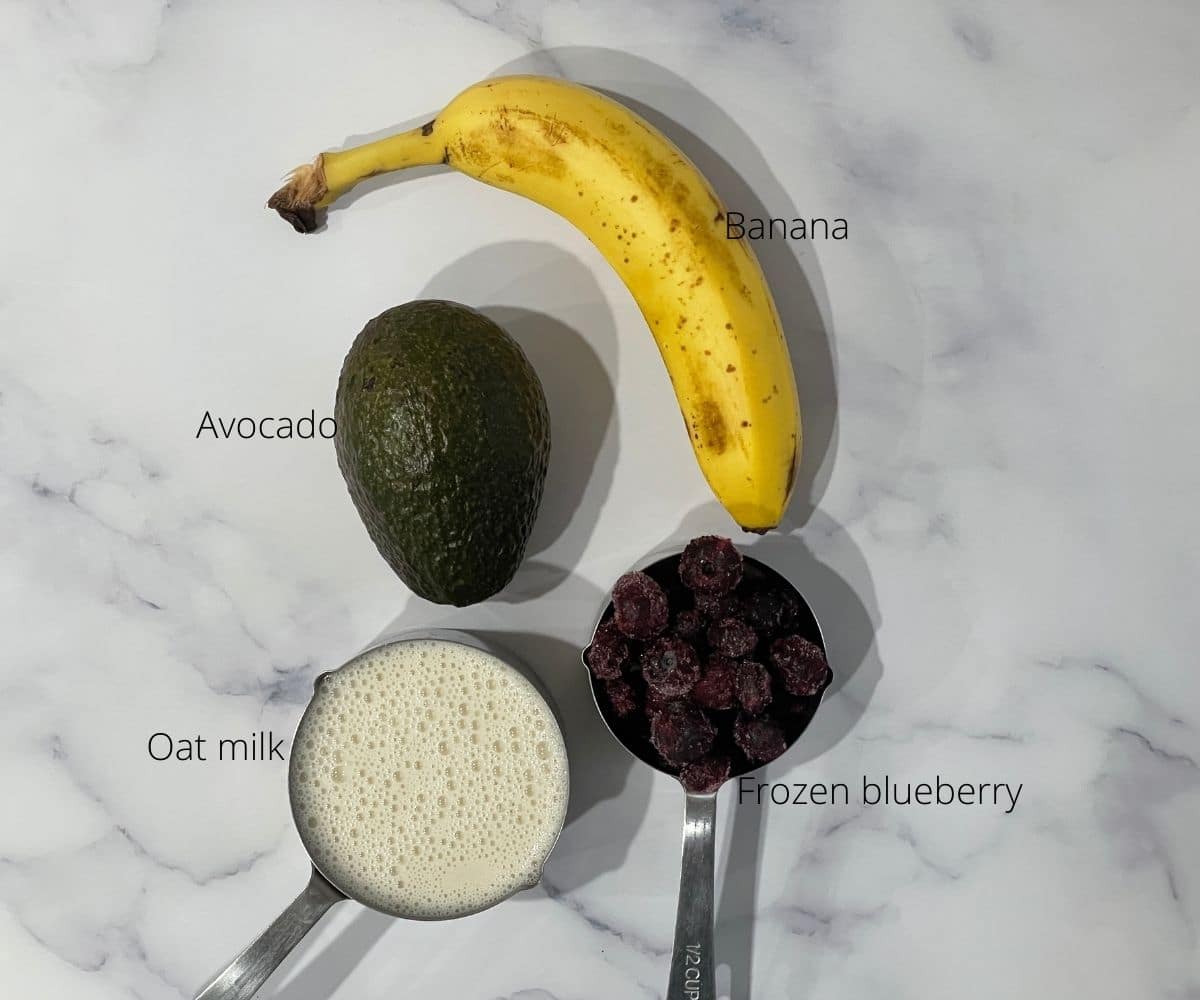 ingredinets to make avocado blueberry smoothie.