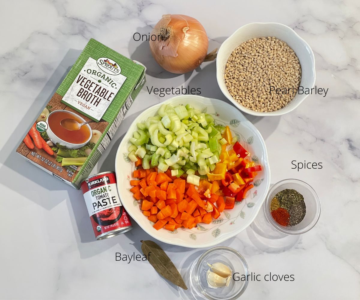 Ingredients for barley soup on the table.