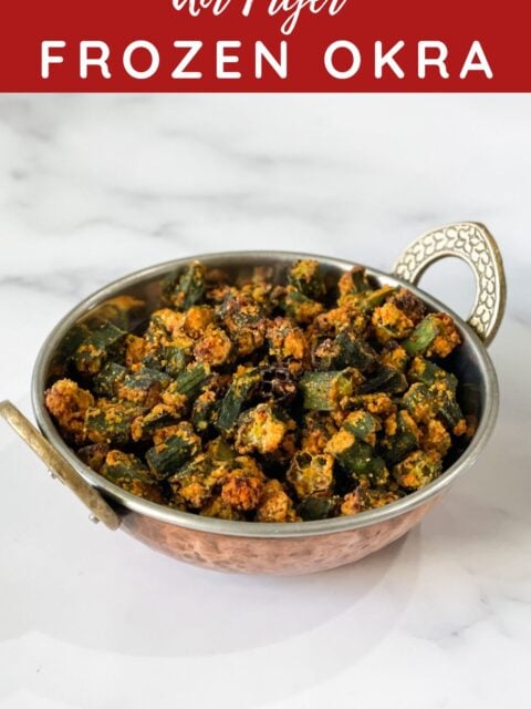 Air fried frozen okra is placed inside the bowl.