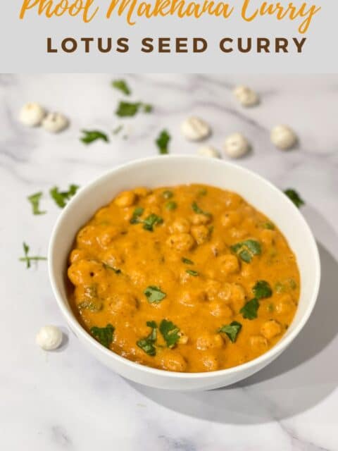 A bowl of phool makhana curry is topped with cilantro.