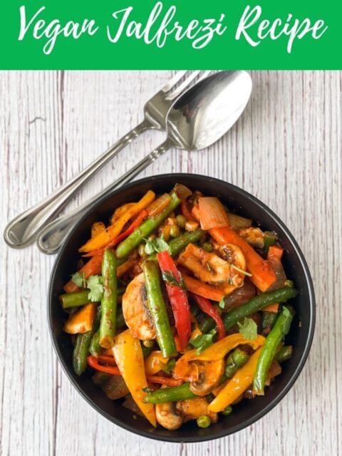 A bowl is with vegetable jalfrezi recipe.