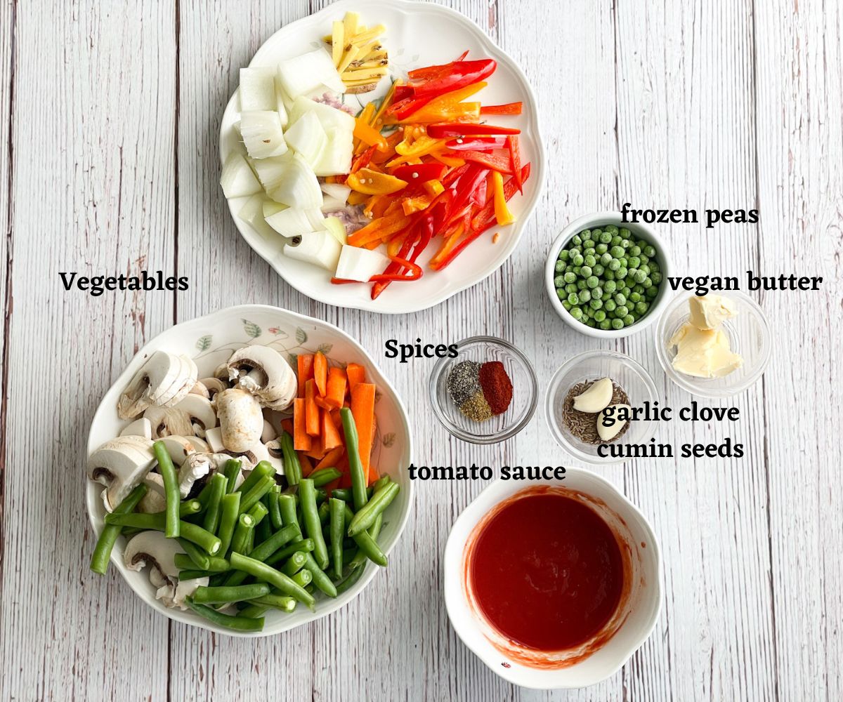 vegan jalfrezi ingredients are on the table.