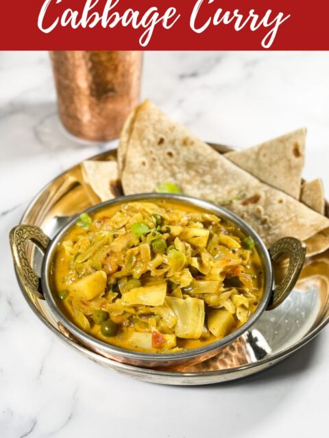 Close up of cabbage curry and roti.