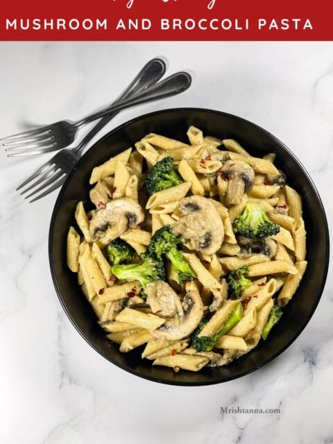 A bowl of vegan mushroom pasta is on the table.