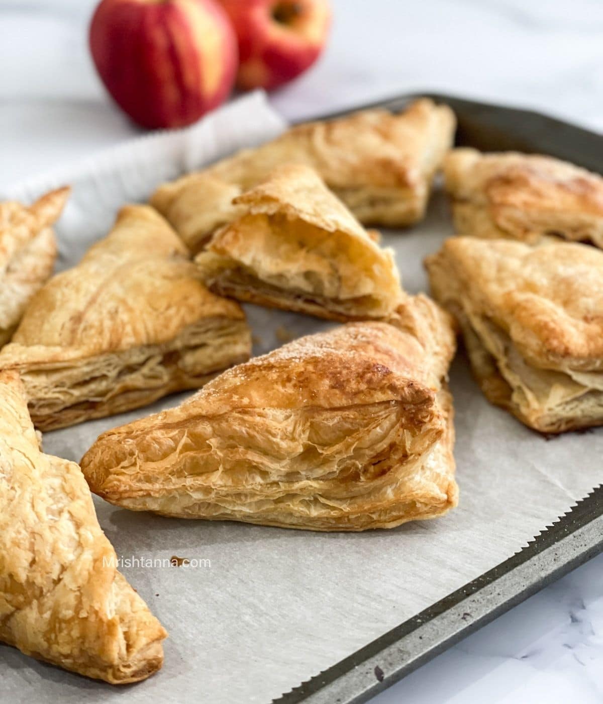 baking tray is with air fried apple turnovers.