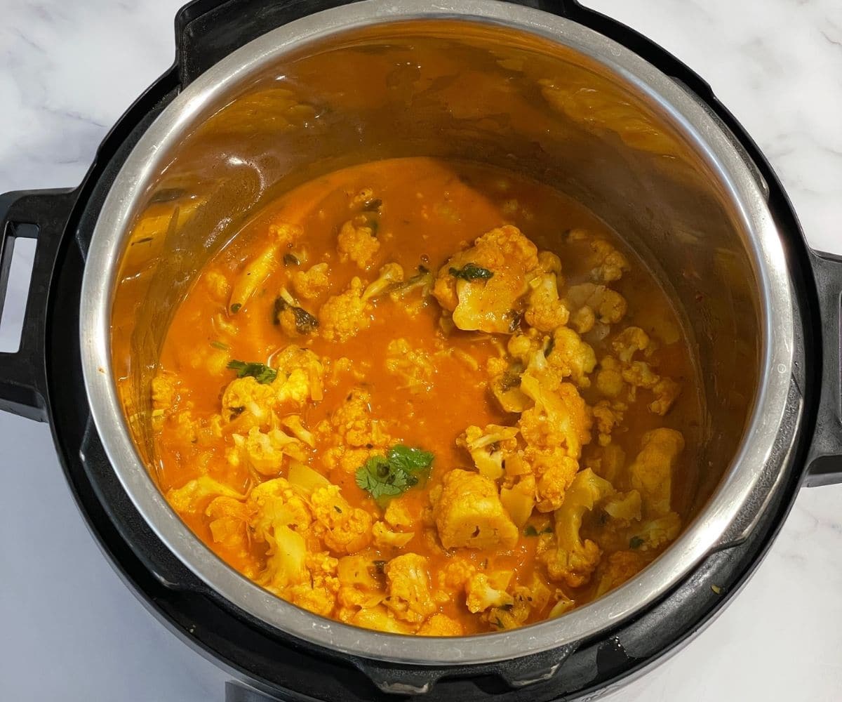 head shot of cauliflower curry which is in an instant pot.