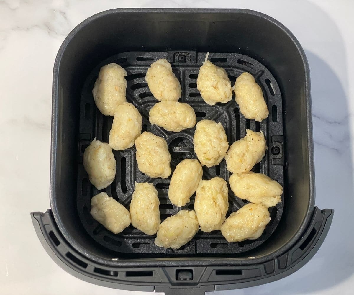 Air fryer basket is with tater tots.