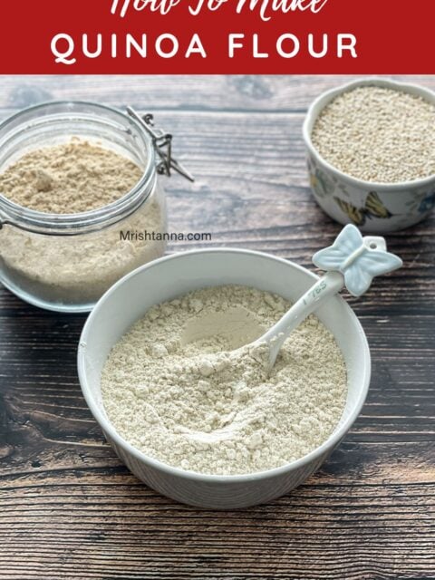 A bowl of homemade quinoa flour is on the table.