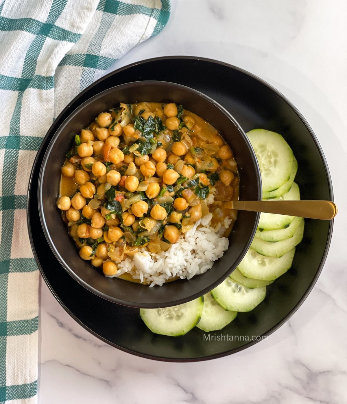 Head shot of bowl which is filled with instant pot chickpea curry.