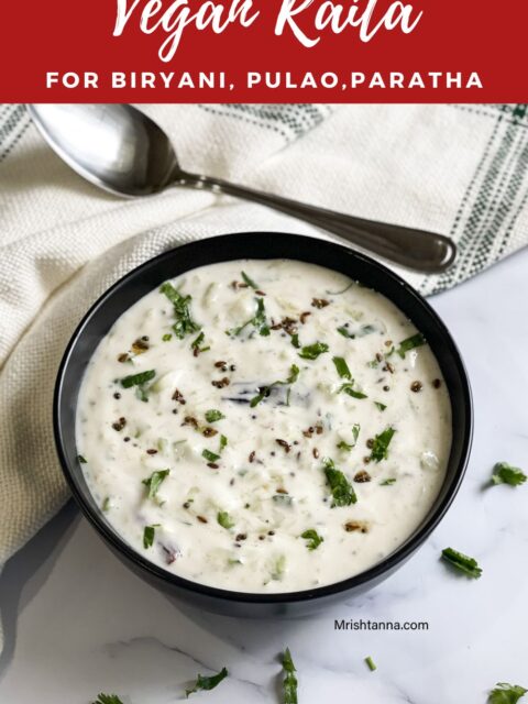 Head shot of a bowl with vegan raita.