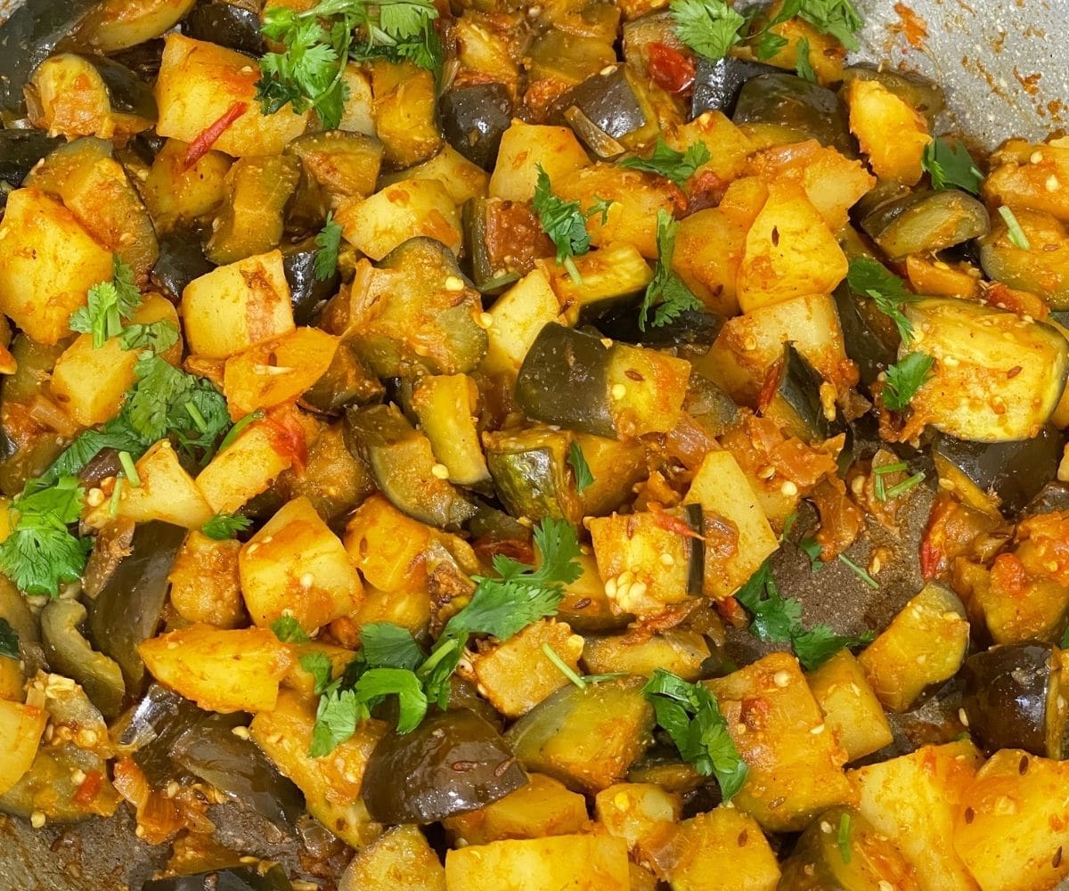 Close up of aloo baingan masala.