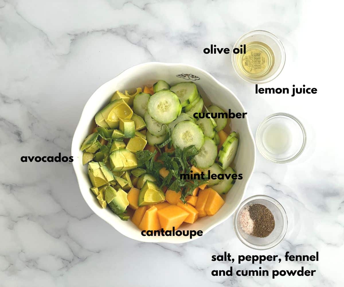 cantaloupe salad ingredients are on the table.