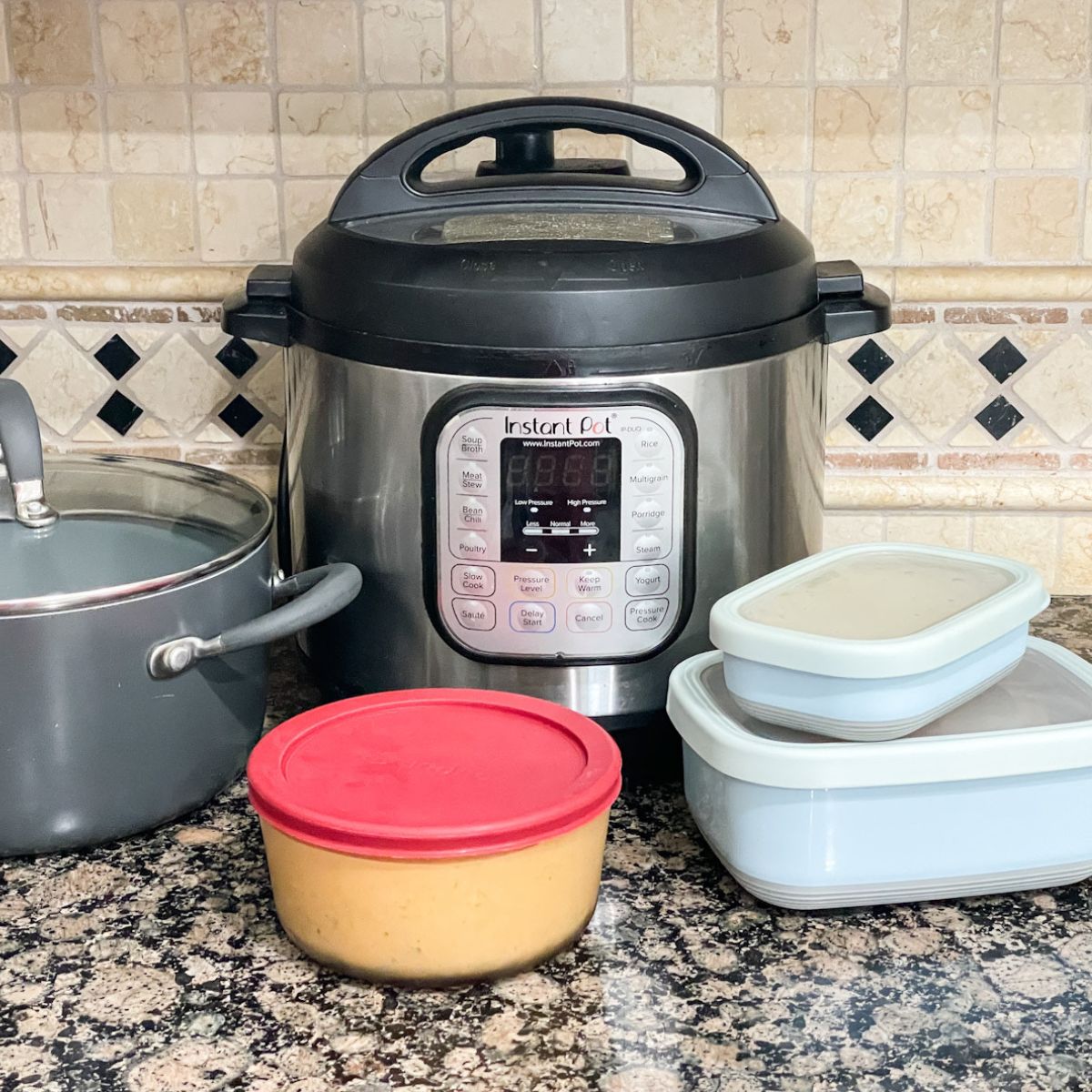 The pot, instant pot, and the containers with lid is on the counter tops with food at room temperature.