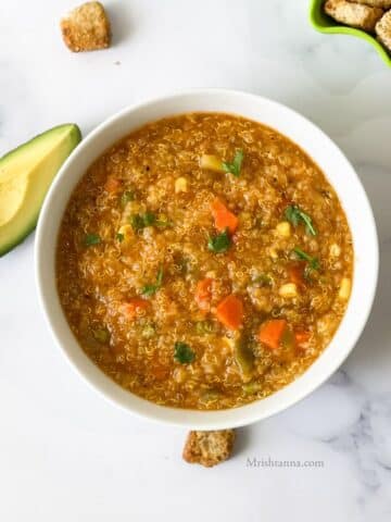 Head shot of Instant pot quinoa soup in the bowl.