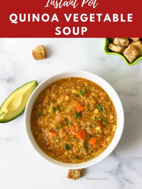 Head shot of quinoa soup with vegetables.