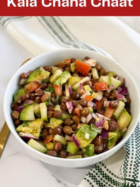 Close up of bowl with kala chana chaat.