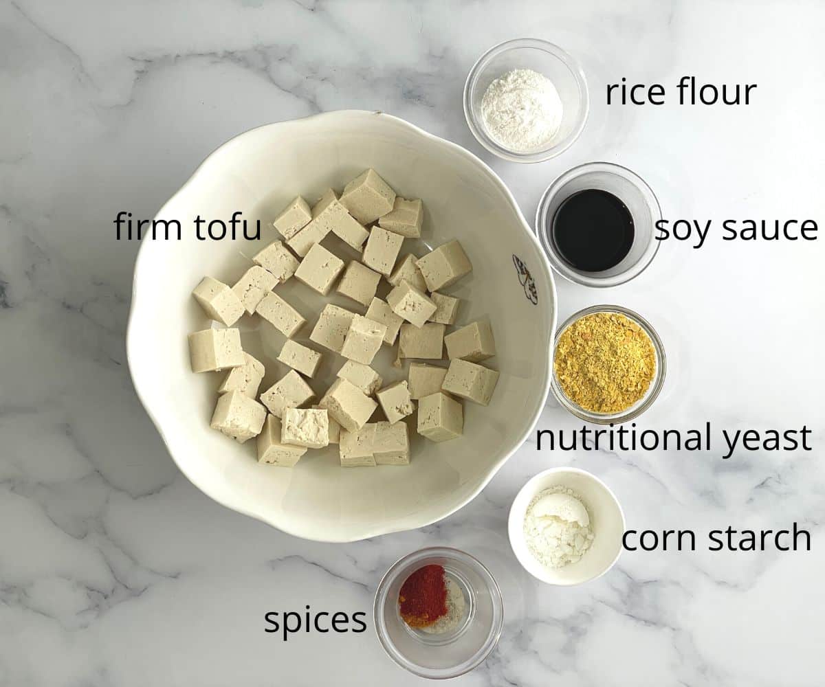 Air fryer tofu nuggets ingredients are on the table.