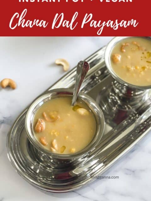 Instant pot chana dal payasam is in the bowl with a spoon.