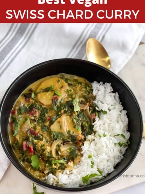 swiss chard curry is in the bowl with cooked rice.