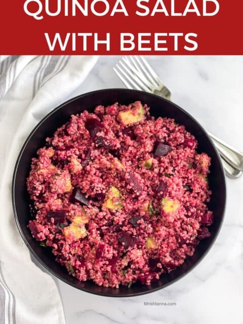 A plate of quinoa beet salad is on the surface.