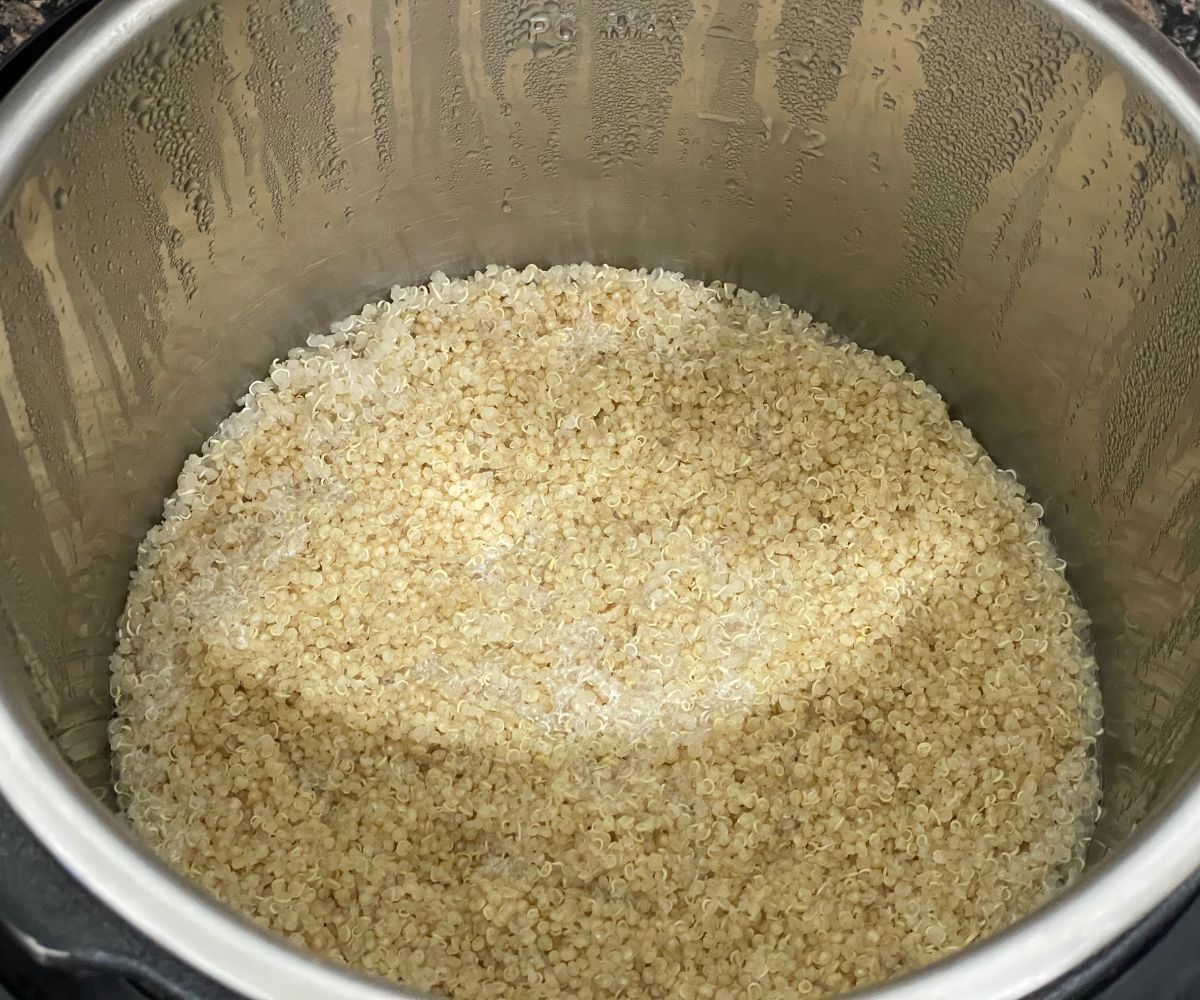 An instant pot is with quinoa.
