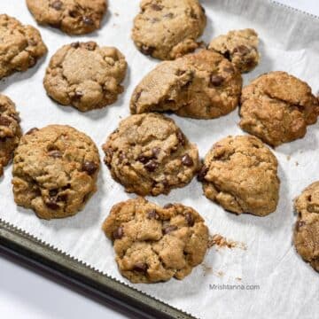 A tray is filled with air fryer chocolate chip cookies.