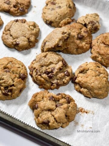 A tray is filled with air fryer chocolate chip cookies.