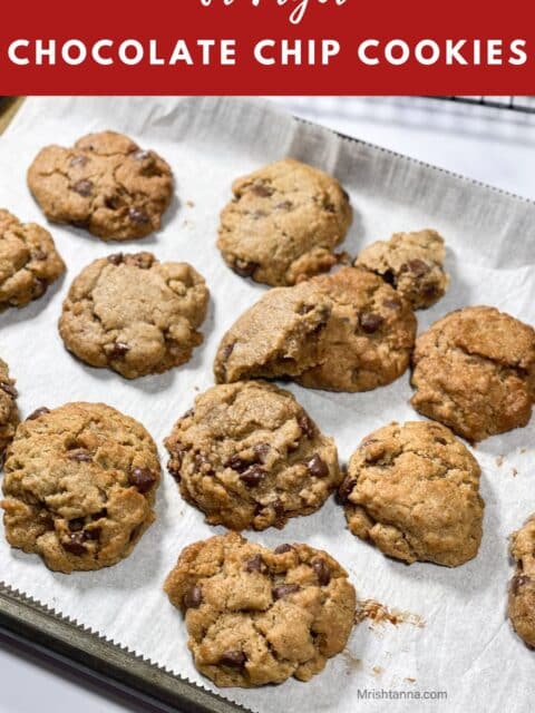 Air fried chocolate chip cookies are on the tray.