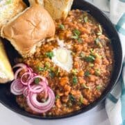 Close up of plate with Instant pot pav bhaji masala.