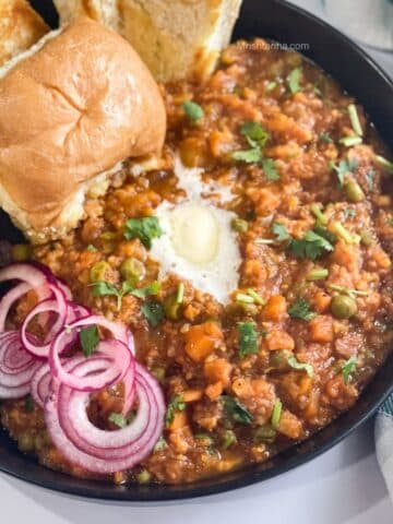 Close up of plate with Instant pot pav bhaji masala.