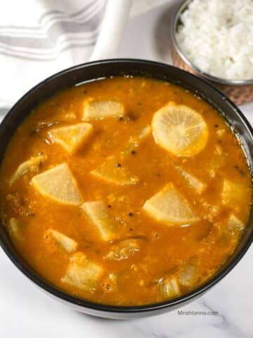 Close up of the bowl with Radish sambar.