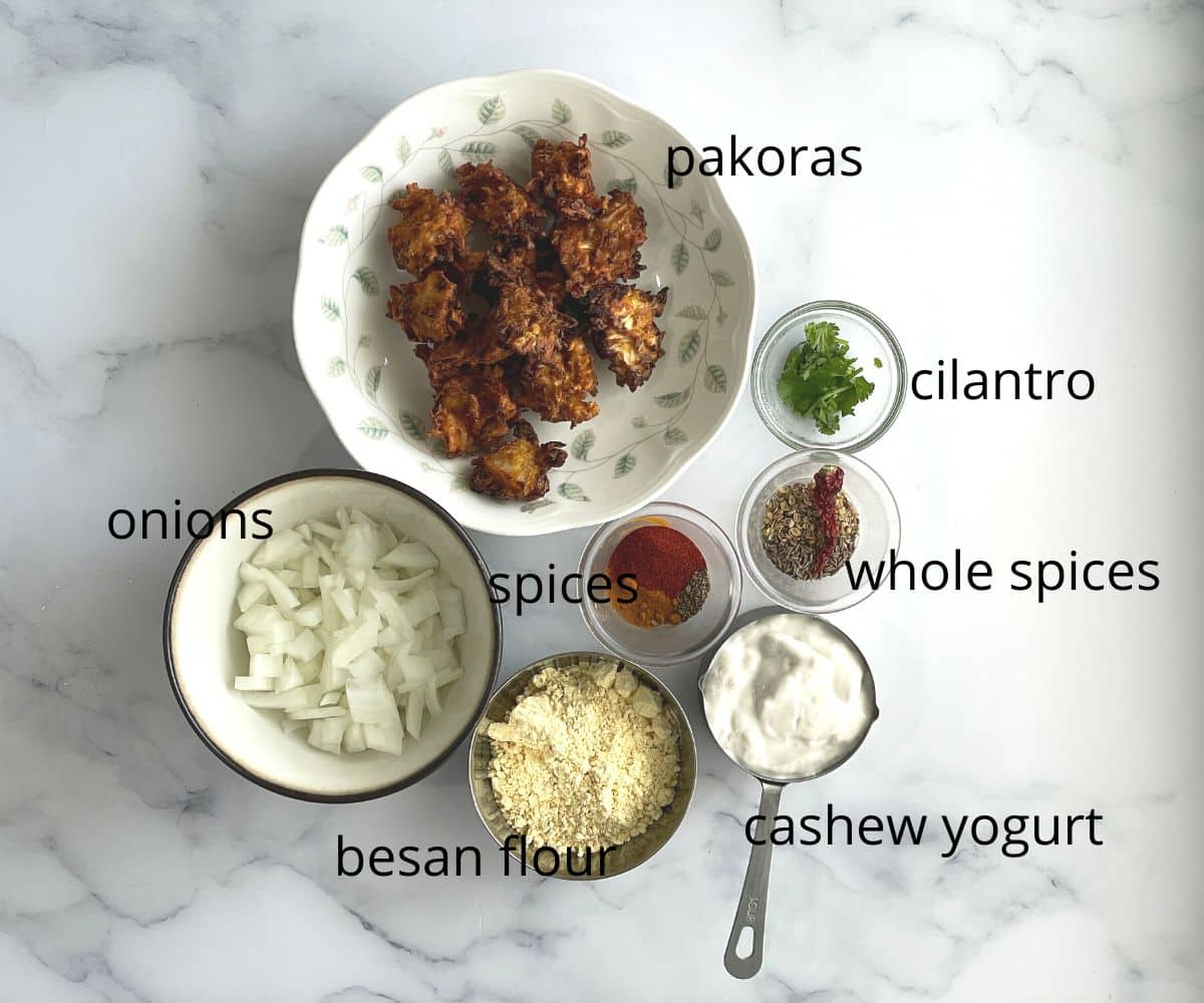 Kadi Pakora curry ingredients are on the table.