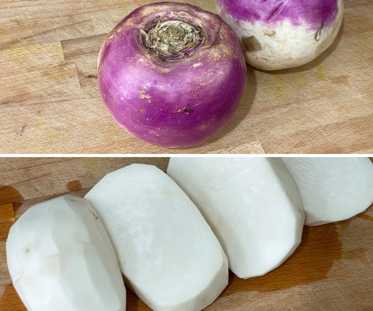 Turnips placed on the wooden chopping board.