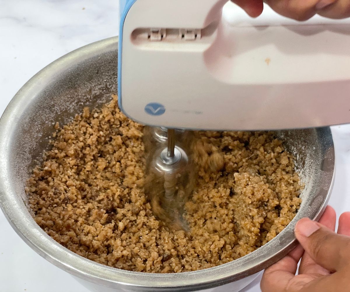 A bowl is with chocolate chip mixture.